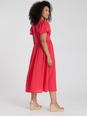 South Beach Pink Puff Sleeve Button Detail 100% Cotton Midi Dress - Image 2 of 4