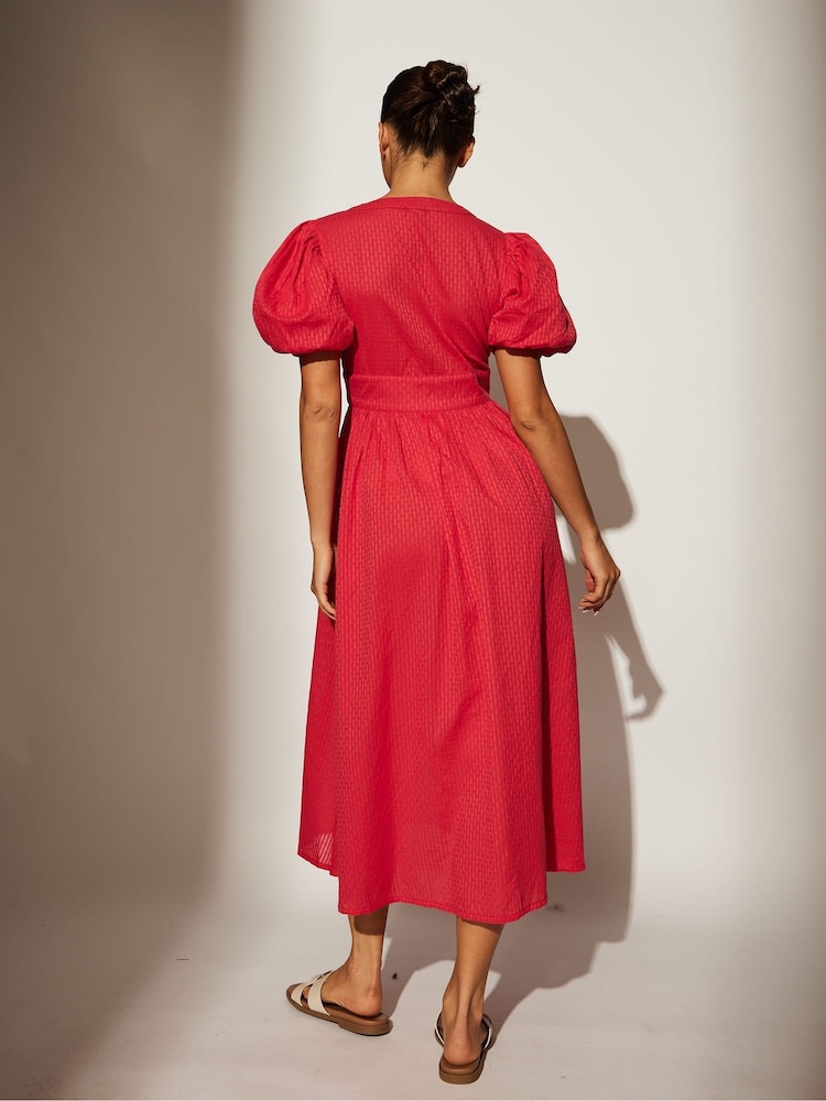 South Beach Pink Puff Sleeve Button Detail 100% Cotton Midi Dress - Image 2 of 5 South Beach Pink Puff Sleeve Button Detail 100% Cotton Midi Dress - Image 2 of 5