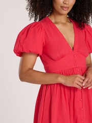 South Beach Pink Puff Sleeve Button Detail 100% Cotton Midi Dress - Image 3 of 4