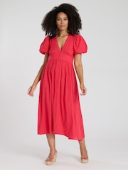 South Beach Pink Puff Sleeve Button Detail 100% Cotton Midi Dress - Image 4 of 4