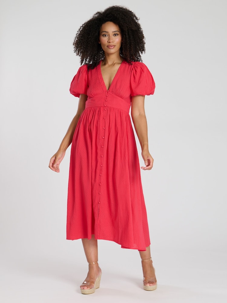 South Beach Pink Puff Sleeve Button Detail 100% Cotton Midi Dress - Image 4 of 4