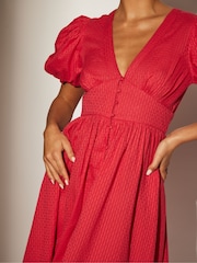South Beach Pink Puff Sleeve Button Detail 100% Cotton Midi Dress - Image 5 of 5