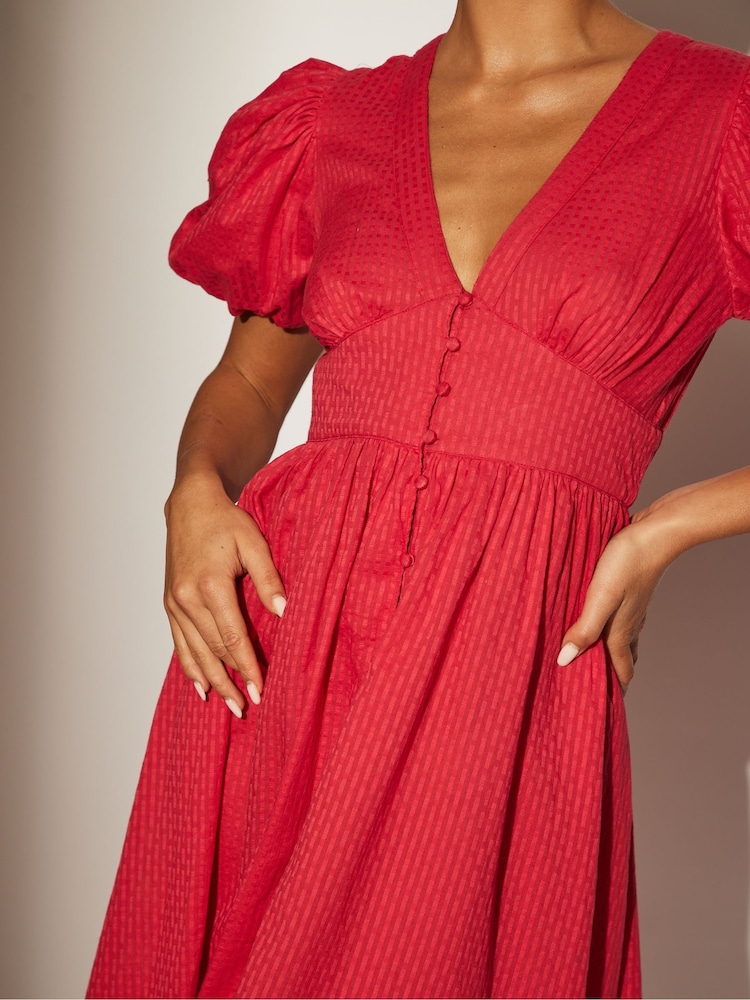 South Beach Pink Puff Sleeve Button Detail 100% Cotton Midi Dress - Image 5 of 5 South Beach Pink Puff Sleeve Button Detail 100% Cotton Midi Dress - Image 5 of 5