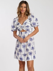 South Beach White Printed Twist Front Puff Sleeve 100% Cotton Mini Dress - Image 1 of 4