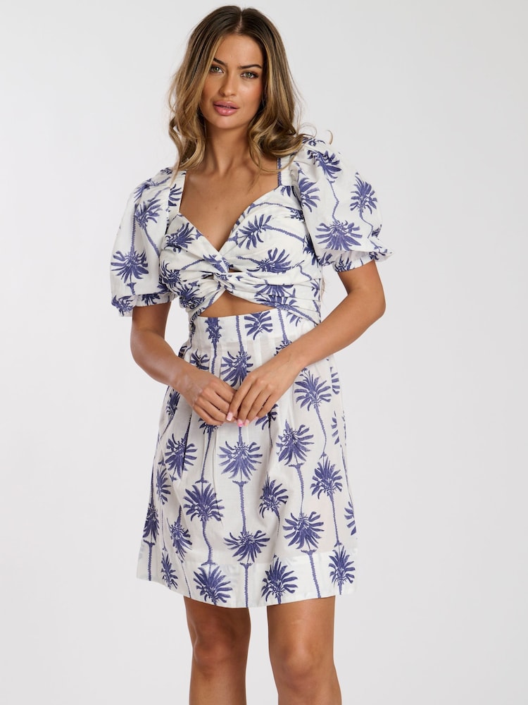 South Beach White Printed Twist Front Puff Sleeve 100% Cotton Mini Dress - Image 1 of 4
