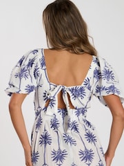 South Beach White Printed Twist Front Puff Sleeve 100% Cotton Mini Dress - Image 2 of 4