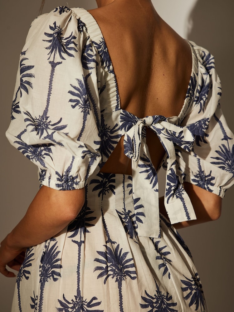 South Beach White Printed Twist Front Puff Sleeve 100% Cotton Mini Dress - Image 2 of 4 South Beach White Printed Twist Front Puff Sleeve 100% Cotton Mini Dress - Image 2 of 4