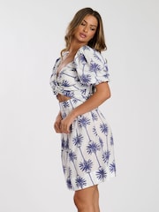 South Beach White Printed Twist Front Puff Sleeve 100% Cotton Mini Dress - Image 3 of 4