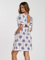 South Beach White Printed Twist Front Puff Sleeve 100% Cotton Mini Dress - Image 4 of 4