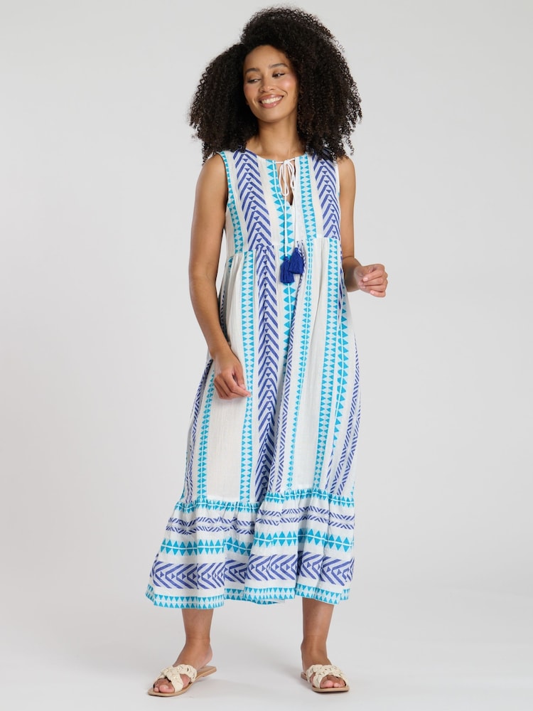 South Beach Blue Jacquard Sleeveless 100% Cotton Midi Dress - Image 1 of 4