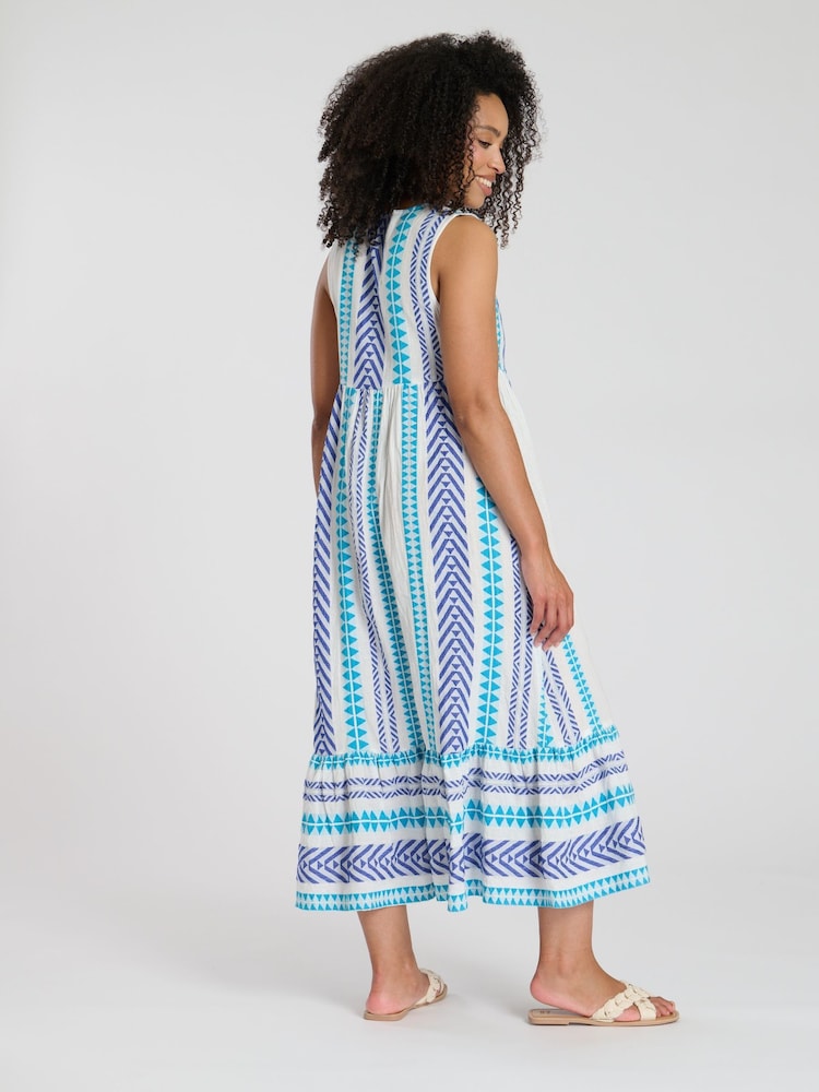South Beach Blue Jacquard Sleeveless 100% Cotton Midi Dress - Image 2 of 4