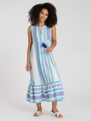 South Beach Blue Jacquard Sleeveless 100% Cotton Midi Dress - Image 4 of 4