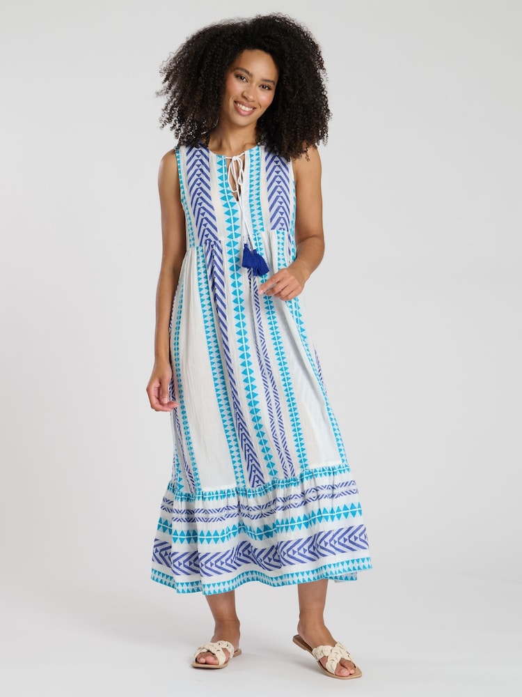South Beach Blue Jacquard Sleeveless 100% Cotton Midi Dress - Image 4 of 4