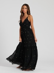 Negro - Vestido largo de tirantes con cuello en V y detalle de lentejuelas de South Beach - Imagen 3 de 6