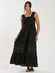 South Beach Black Palm Broderie Tie Back 100% Cotton Maxi Dress - Image 1 of 5