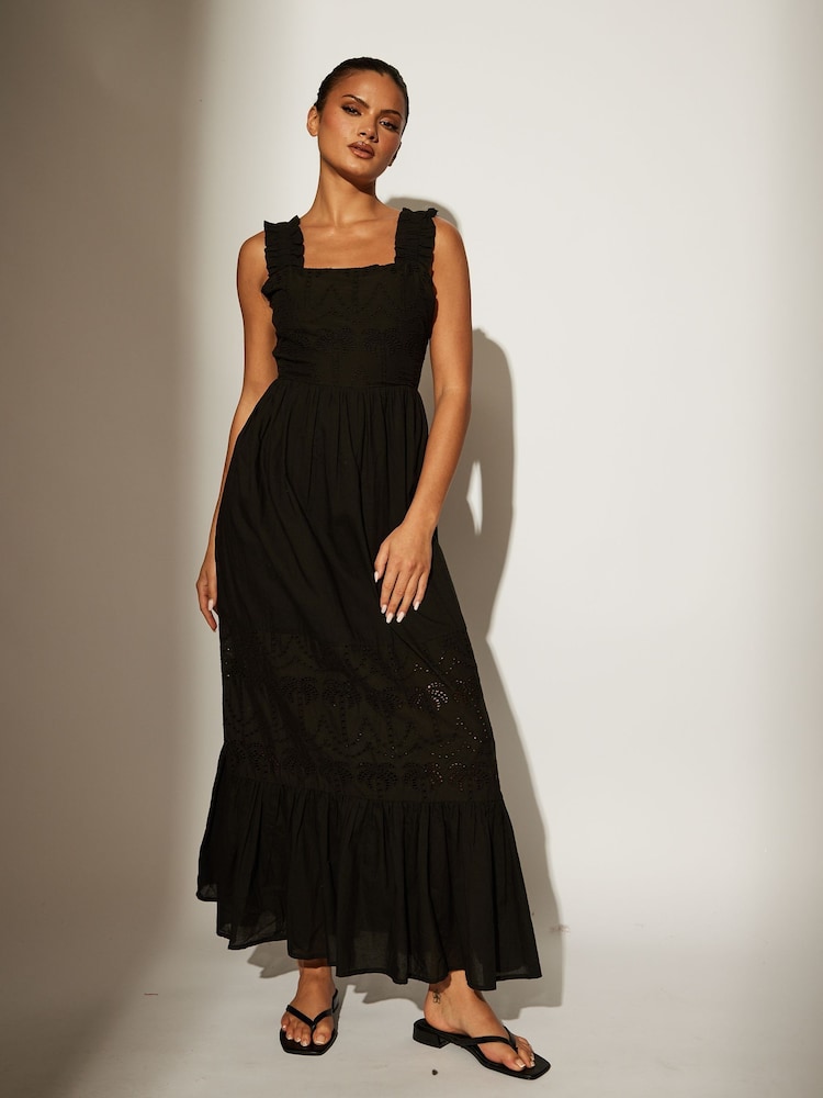 South Beach Black Palm Broderie Tie Back 100% Cotton Maxi Dress - Image 1 of 5 South Beach Black Palm Broderie Tie Back 100% Cotton Maxi Dress - Image 1 of 5