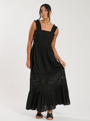 South Beach Black Palm Broderie Tie Back 100% Cotton Maxi Dress - Image 2 of 5