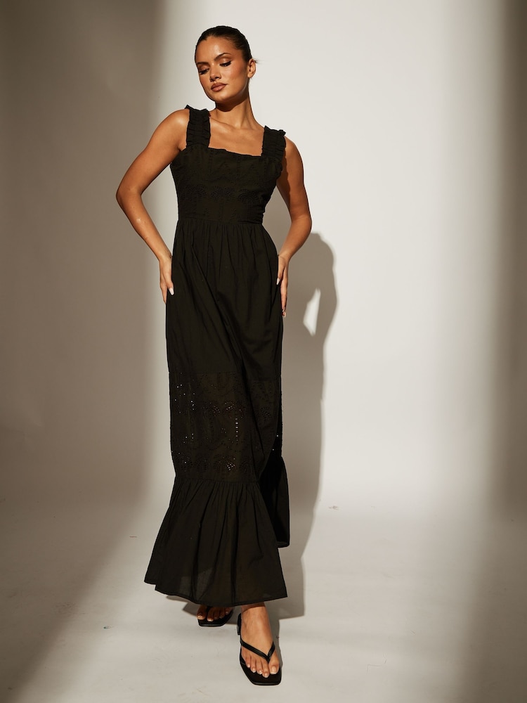 South Beach Black Palm Broderie Tie Back 100% Cotton Maxi Dress - Image 2 of 5 South Beach Black Palm Broderie Tie Back 100% Cotton Maxi Dress - Image 2 of 5