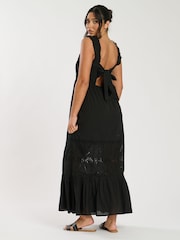 South Beach Black Palm Broderie Tie Back 100% Cotton Maxi Dress - Image 3 of 5
