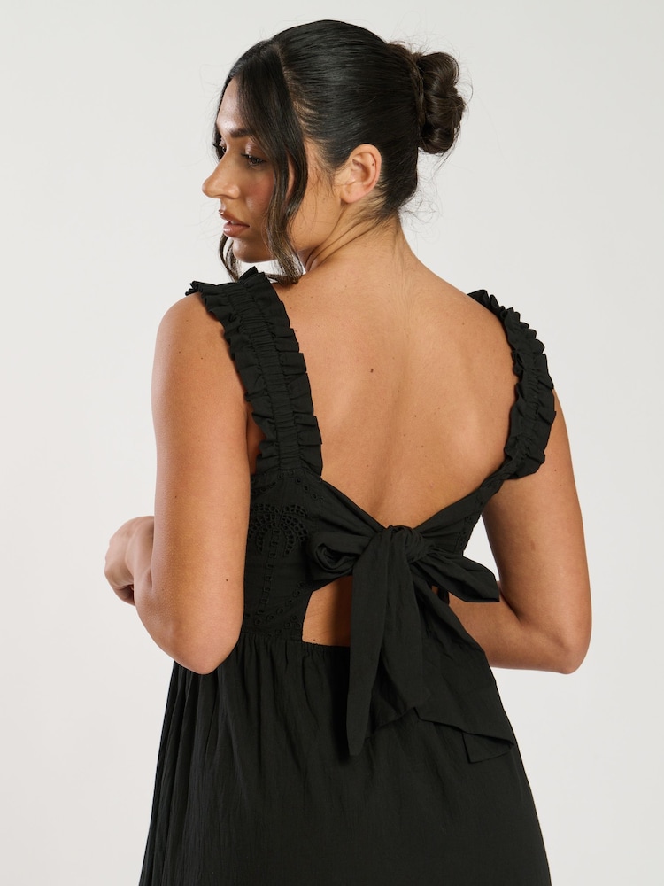 South Beach Black Palm Broderie Tie Back 100% Cotton Maxi Dress - Image 5 of 5