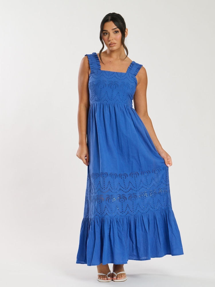 South Beach Blue Palm Broderie Tie Back 100% Cotton Maxi Dress - Image 1 of 5
