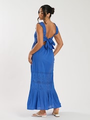 South Beach Blue Palm Broderie Tie Back 100% Cotton Maxi Dress - Image 2 of 5