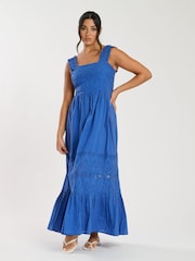 South Beach Blue Palm Broderie Tie Back 100% Cotton Maxi Dress - Image 3 of 5