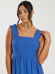 South Beach Blue Palm Broderie Tie Back 100% Cotton Maxi Dress - Image 4 of 5
