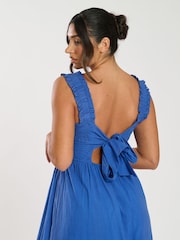 South Beach Blue Palm Broderie Tie Back 100% Cotton Maxi Dress - Image 5 of 5