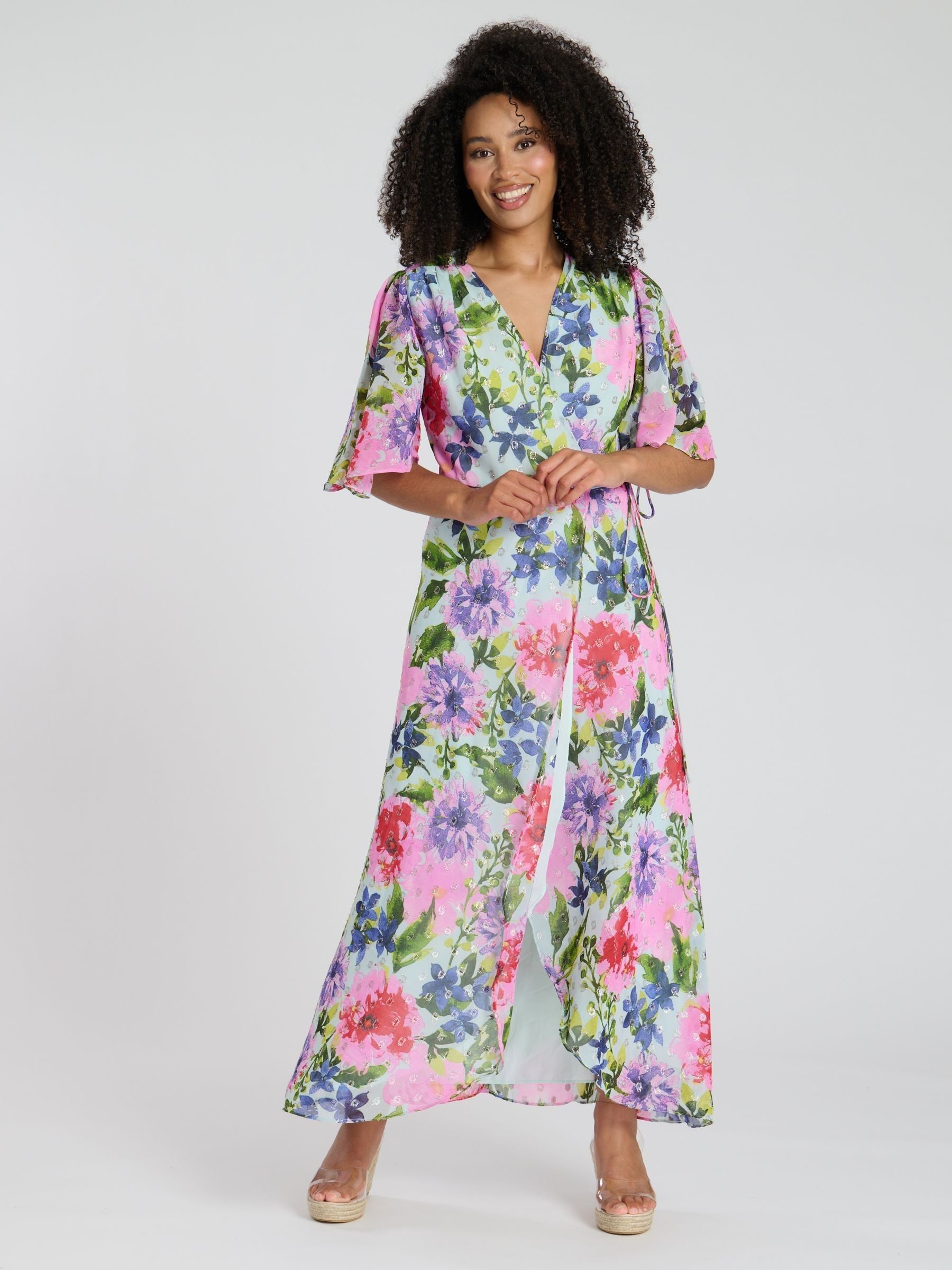 South Beach Women's Multi Printed Short Sleeve Wrap Maxi Dress