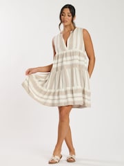 South Beach Brown Jacquard Sleeveless Tiered 100% Cotton Mini Dress - Image 3 of 6