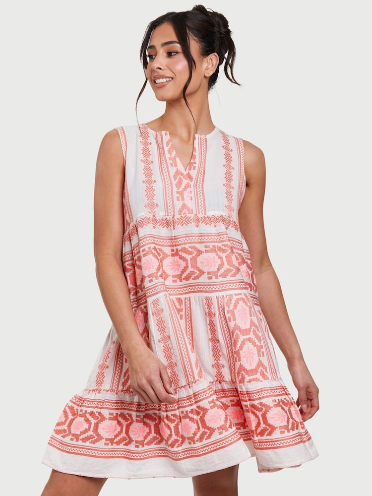 South Beach Pink Jacquard Sleeveless Tiered 100% Cotton Mini Dress - Image 1 of 5