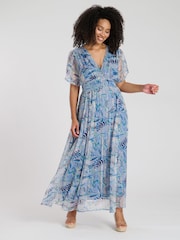 South Beach Blue Metallic Chiffon Button Detail Midi Dress - Image 1 of 5