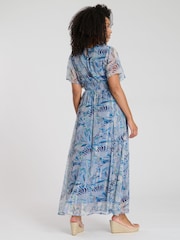 South Beach Blue Metallic Chiffon Button Detail Midi Dress - Image 3 of 5