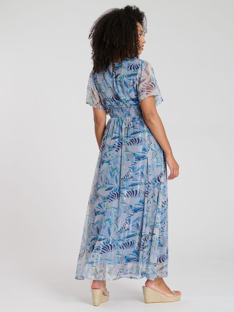 South Beach Blue Printed Metallic Chiffon Button Detail Midi Dress - Image 3 of 5
