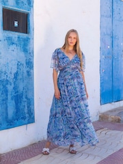 South Beach Blue Metallic Chiffon Button Detail Midi Dress - Image 4 of 5