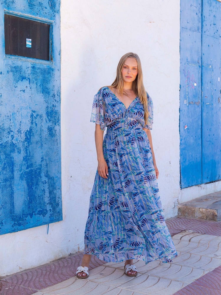 South Beach Blue Printed Metallic Chiffon Button Detail Midi Dress - Image 4 of 5