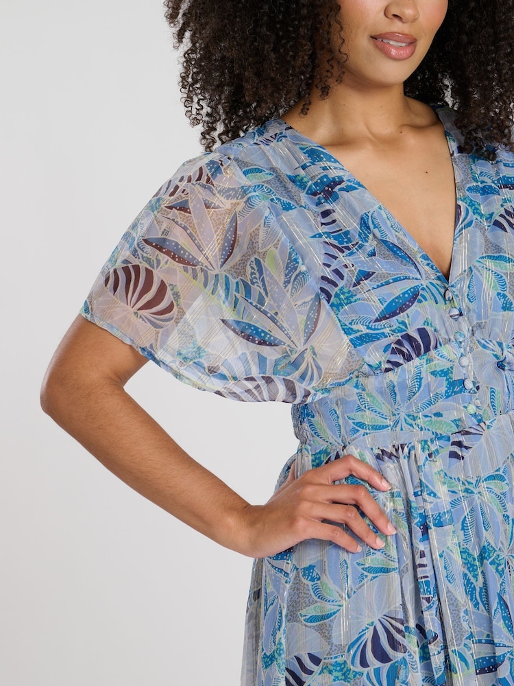 South Beach Blue Metallic Chiffon Button Detail Midi Dress - Image 5 of 5