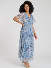 South Beach Blue Printed Metallic Chiffon Button Detail Maxi Dress - Image 6 of 6