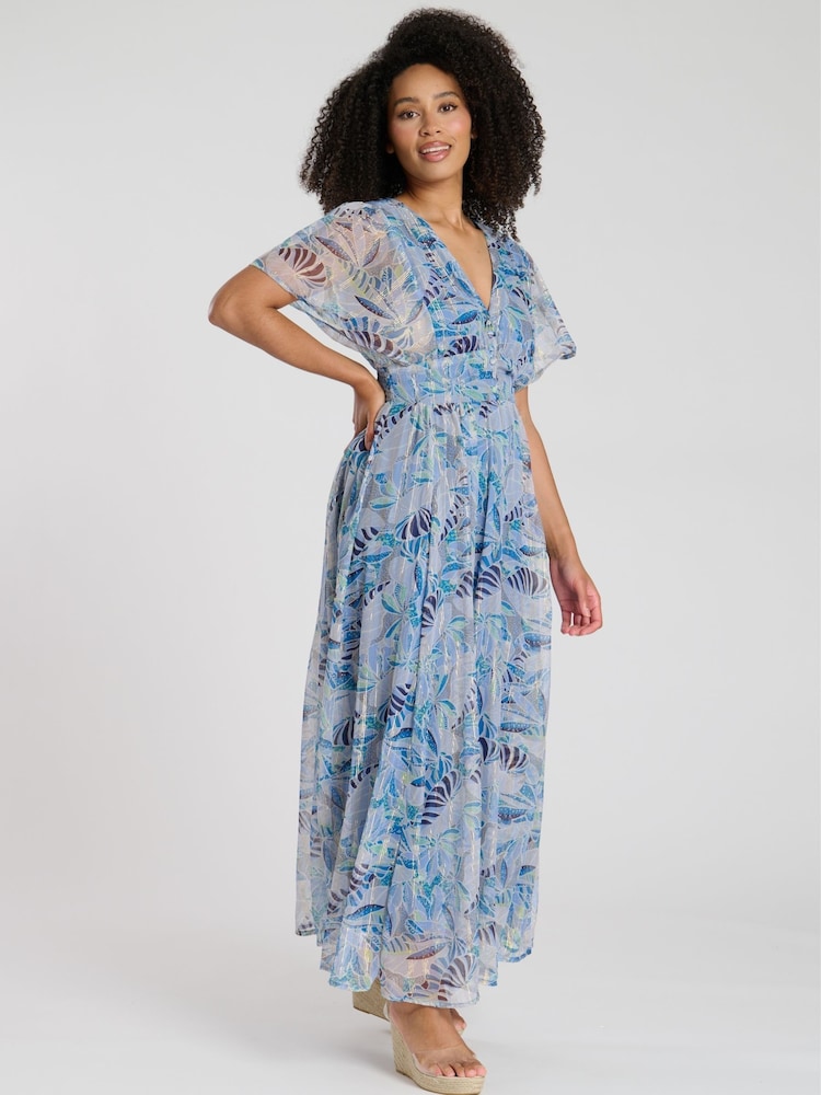 South Beach Blue Printed Metallic Chiffon Button Detail Maxi Dress - Image 6 of 6