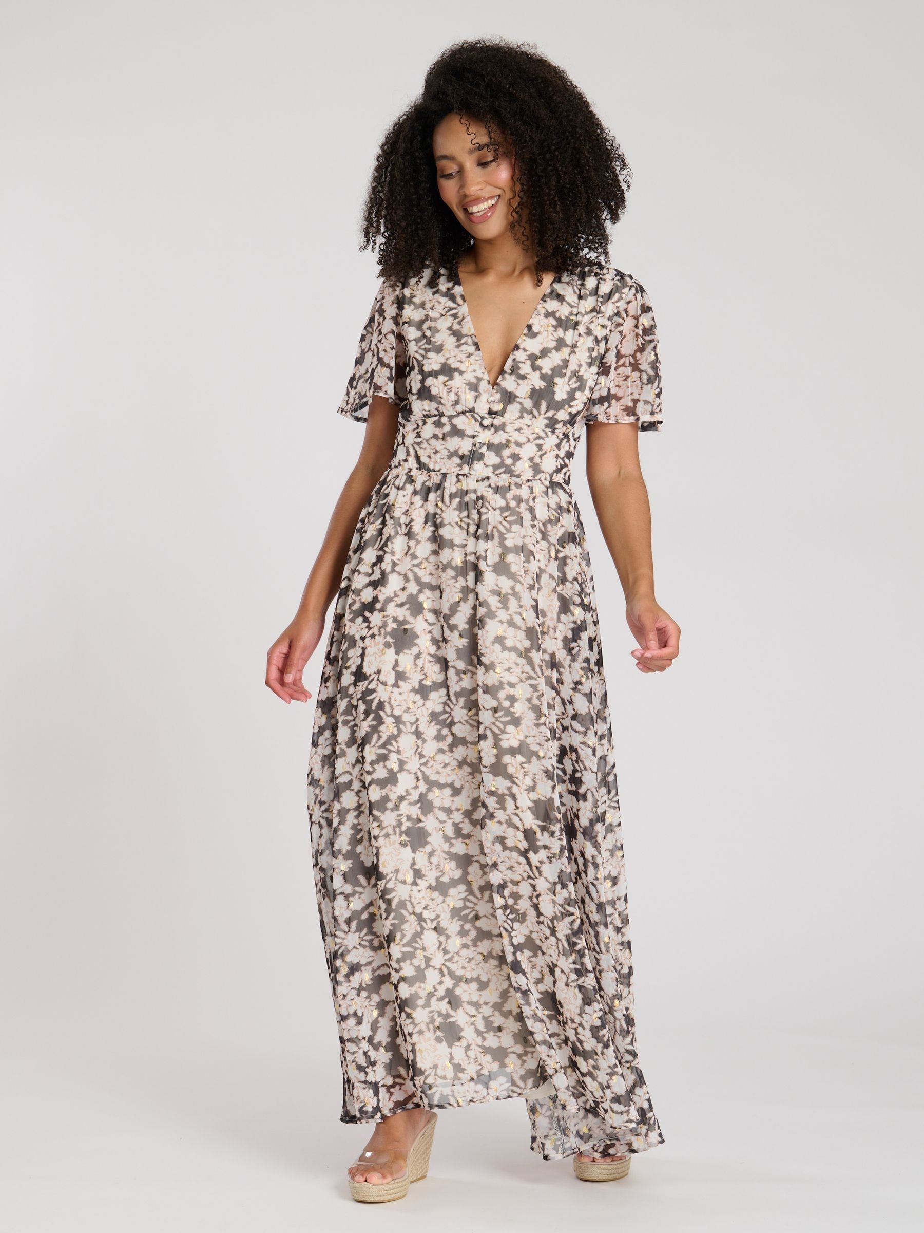 South Beach Women's Black Printed Metallic Chiffon Button Detail Maxi Dress