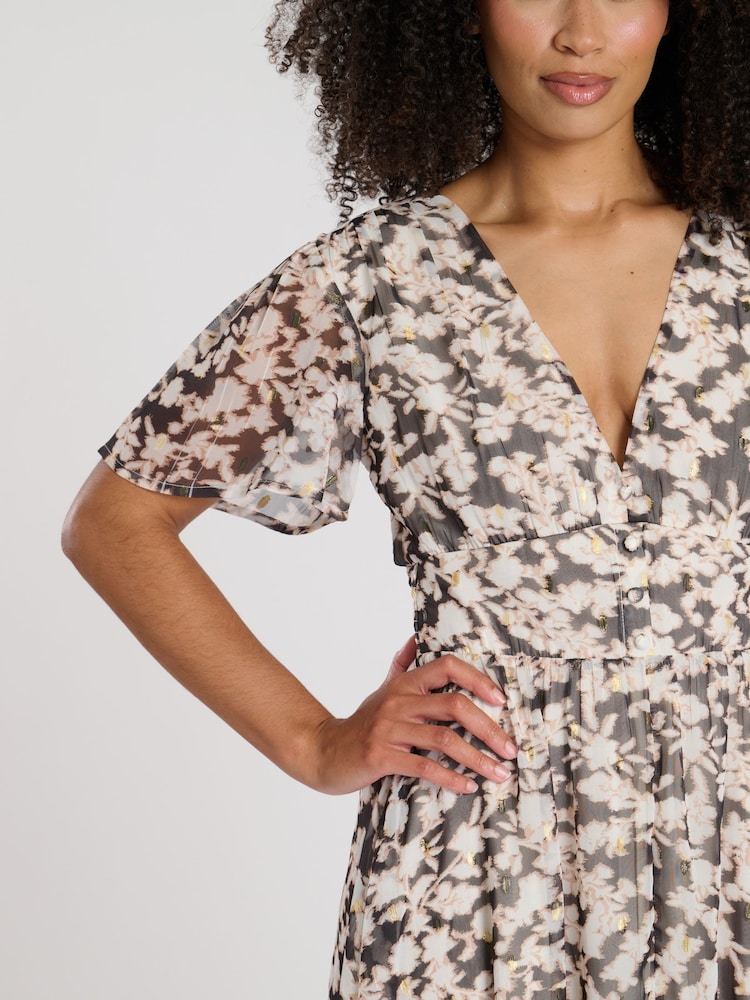 Черный - South Beach Printed Metallic Chiffon Button Detail Midi Dress - Изображение 5 из 5