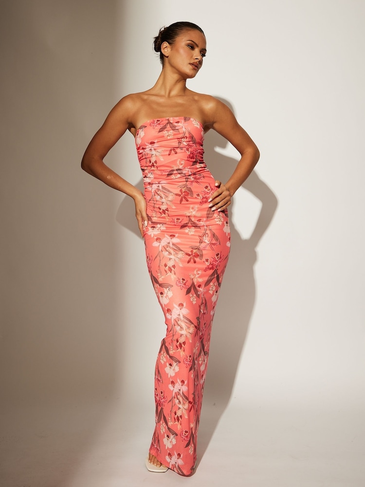 South Beach Orange Printed Mesh Strapless Maxi Dress - Image 1 of 5 South Beach Orange Printed Mesh Strapless Maxi Dress - Image 1 of 5
