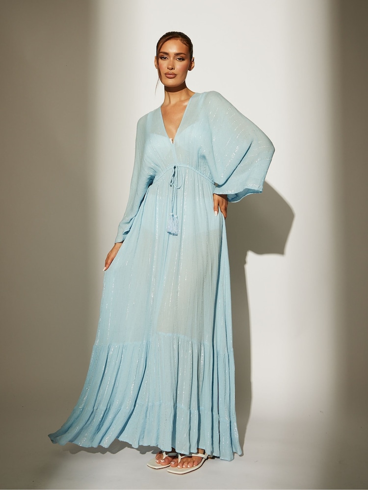 South Beach Blue Metallic Kimono Sleeve Beach Maxi Dress - Image 1 of 3 South Beach Blue Metallic Kimono Sleeve Beach Maxi Dress - Image 1 of 3