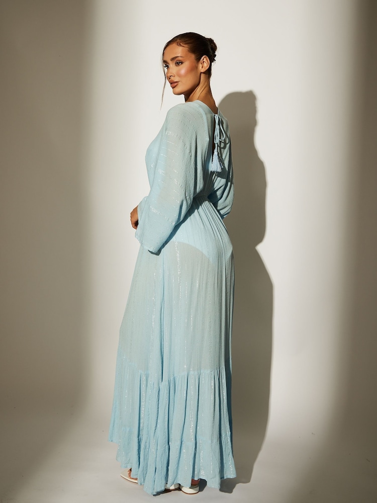 South Beach Blue Metallic Kimono Sleeve Beach Maxi Dress - Image 2 of 3 South Beach Blue Metallic Kimono Sleeve Beach Maxi Dress - Image 2 of 3