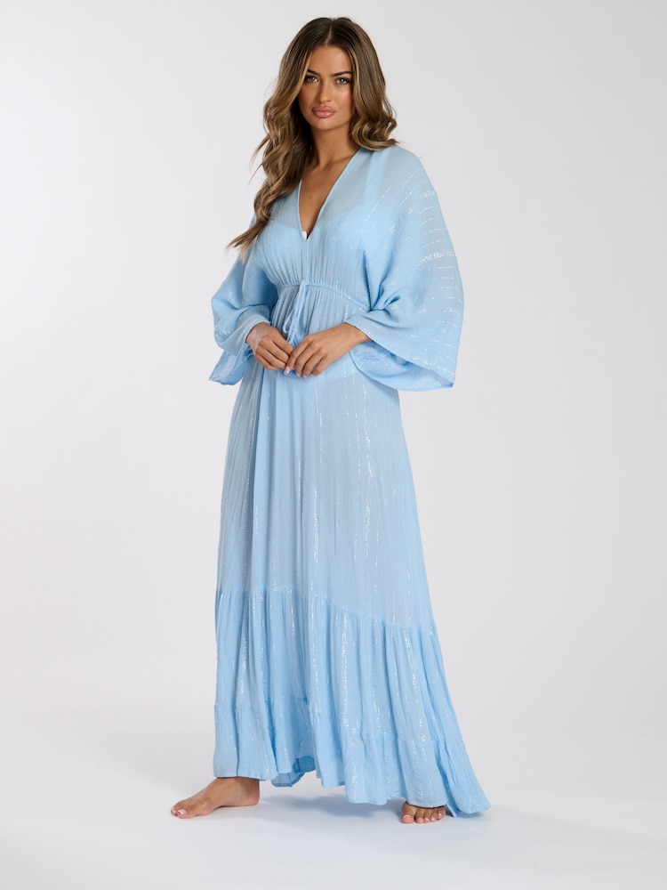 South Beach Blue Metallic Kimono Sleeve Beach Maxi Dress - Image 4 of 6