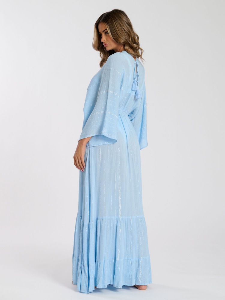 South Beach Blue Metallic Kimono Sleeve Beach Maxi Dress - Image 5 of 6
