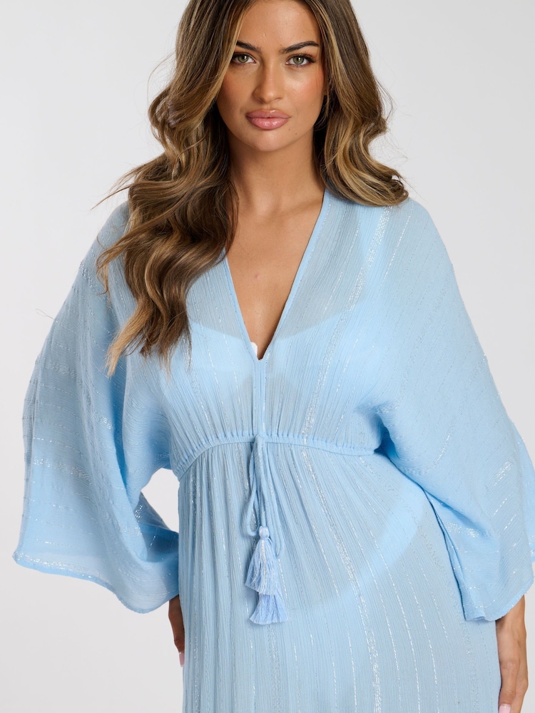South Beach Blue Metallic Kimono Sleeve Maxi Dress - Image 6 of 6
