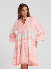 South Beach Pink Jacquard 3/4 Sleeve Tiered Mini Dress - Image 1 of 5