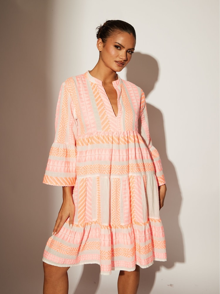 South Beach Pink Jacquard 3/4 Sleeve Tiered Mini Dress - Image 1 of 6 South Beach Pink Jacquard 3/4 Sleeve Tiered Mini Dress - Image 1 of 6
